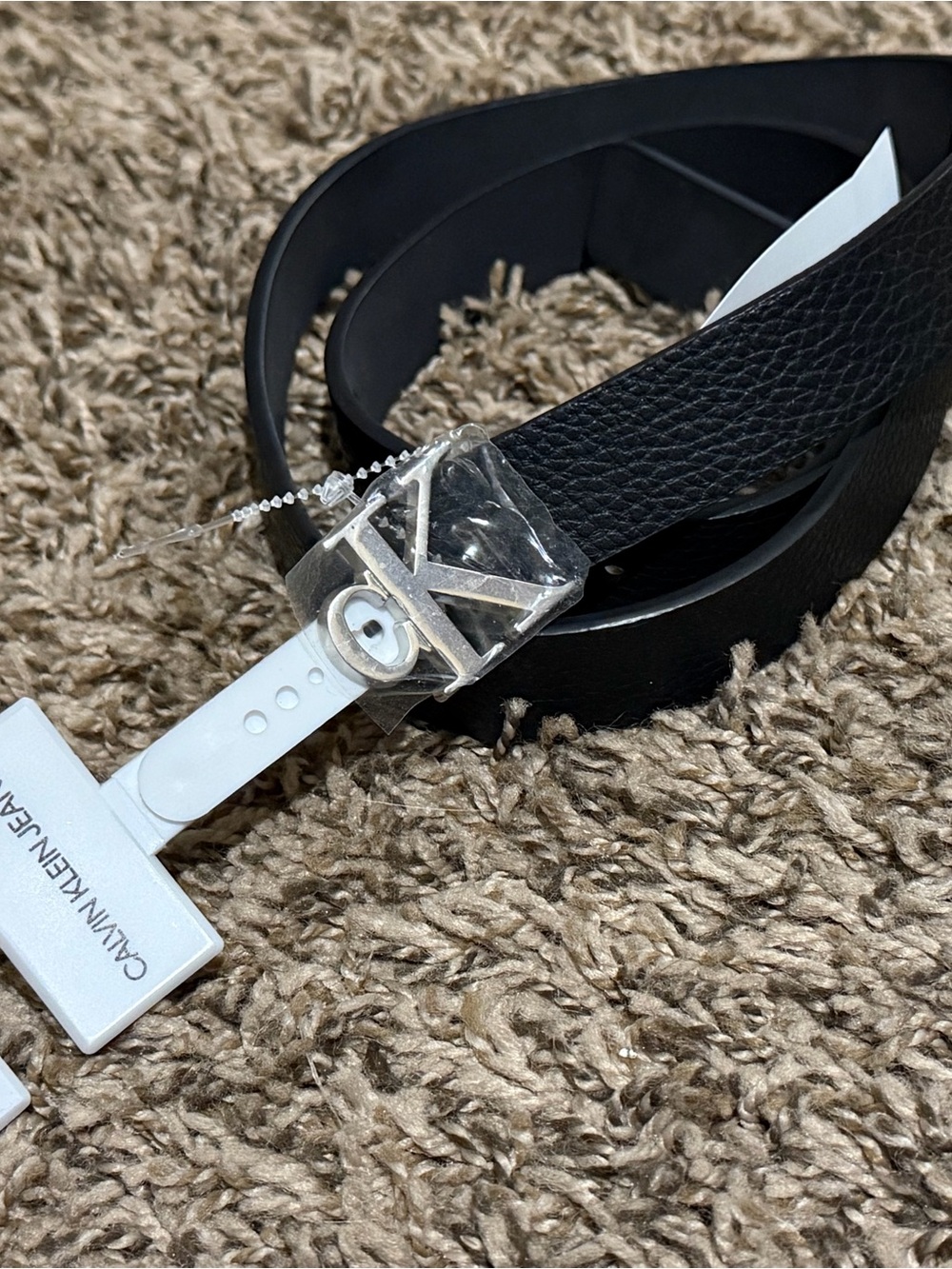Calvin Klein Black Textured Leather Belt with Silver CK Buckle